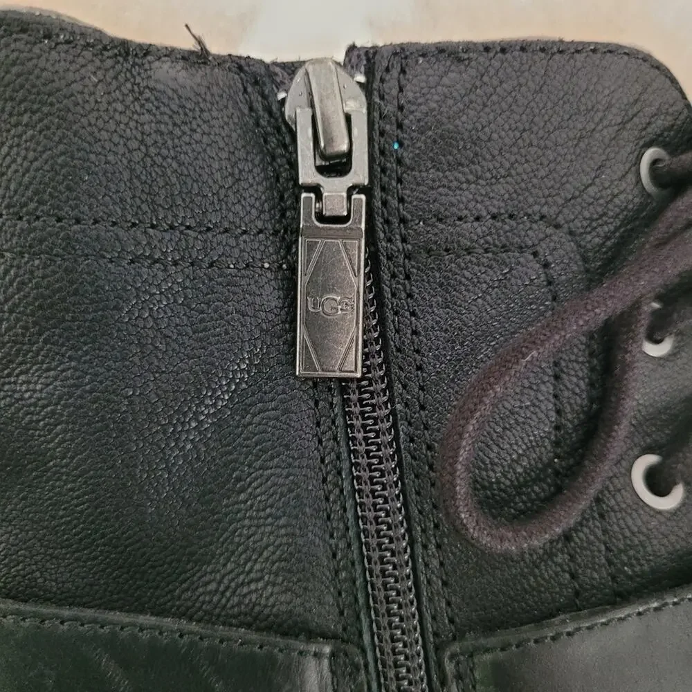 UGG Ingrid Black Leather Shearling Lug Sole Moto Combat Boots Size 7